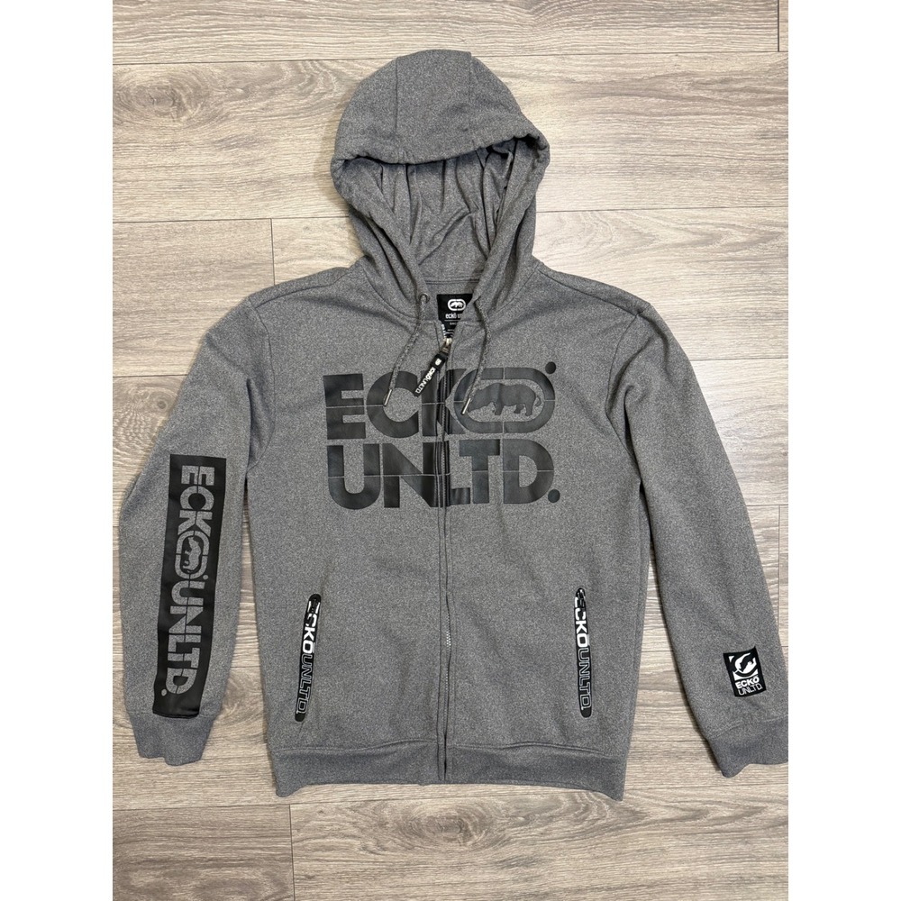 Ecko Unltd Mens Full Zip Hoodie Size M Gray Black Graphic Logo Fleece Sweatshirt